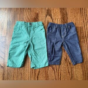 2 Pair Carter's Baby Green & Denim Jean Pants - Size 3 months